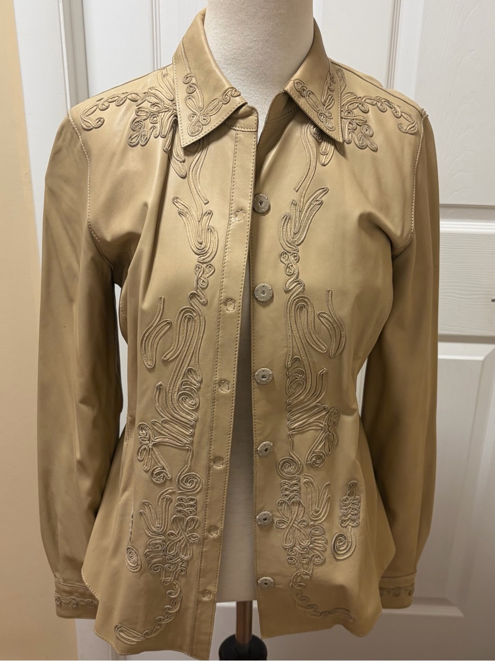 Elie Tahari leather Womens Tan Embroidered Button-Front Jacket